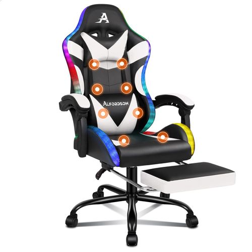 Alfordson Chaise De Massage De Jeu, Chaise De Course, Ergonomique, Avec Led, Inclinaison À 150°, Repose-Pieds Rétractable, En Cuir Synthétique, Hauteur Réglable, Capacité De Charge De 180 Kg, Blanc