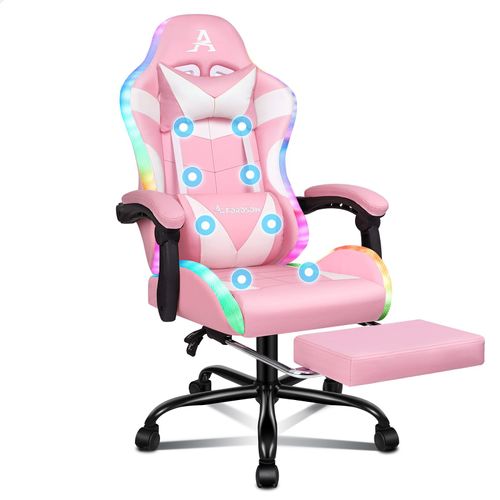 Alfordson Chaise De Massage De Jeu, Chaise De Course, Ergonomique, Avec Led, Inclinaison À 150°, Repose-Pieds Rétractable, En Cuir Synthétique, Hauteur Réglable, Capacité De Charge De 180 Kg, Rose