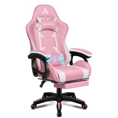 Alfordson Chaise Gaming, Siege Gaming Avec Support Lombaire De Massage, Fauteuil De Gaming Pivotant Ergonomique Avec Appui-Tête, Hauteur Réglable, Cuir Pu, Rose