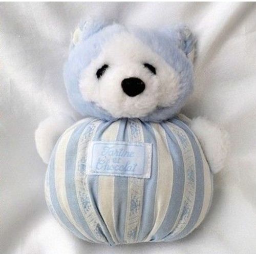 Doudou Peluche Ours Boule Rayures Bleu Et Blanc Tartine et Chocolat 14 cm