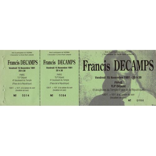 Francis Decamps - Ticket Concert Au Dejazet 15/11/1991