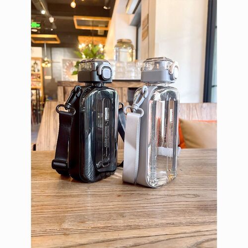 750ml - Noir - Bouteille D'eau De Sport Carrée Plate Avec Sangle Réglable, Bouilloire Portable, Tasse De Voyage Transparente, Extérieur, 750ml