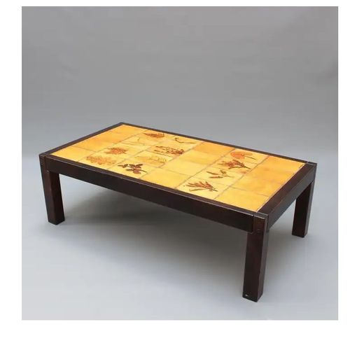 Table Basse 1970 Style Roger Capron 1922-2006 Vallauris France Création Poterie Céramic 101 X55cm Vintage Carreau Faïence Décoratif Herbier Nature Variété D Belle Feuille Rustic Charme Provençal.