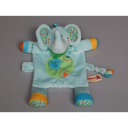 Doudou Éléphant Plat Bleu Vert Feuille Nicotoy