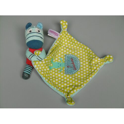 Doudou zèbre Pommette bleu rouge mouchoir vert pois