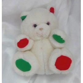Doudou Peluche Ours Assis Vintage Blanc Pattes Oreilles Vert Et Rouge Jemini