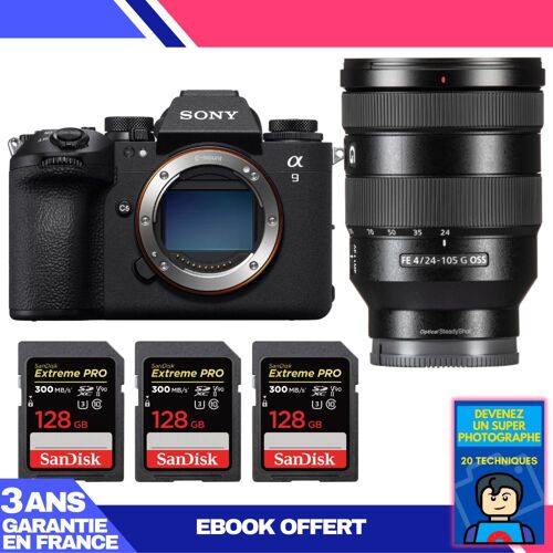 Boitier Sony A9 III + FE 24-105mm f/4 G OSS + 3 SanDisk 128GB Extreme PRO UHS-II SDXC 300 MB/s + Ebook 'Devenez Un Super Photographe'