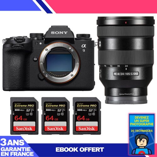 Boitier Sony A9 III + FE 24-105mm f/4 G OSS + 3 SanDisk 64GB Extreme PRO UHS-II SDXC 300 MB/s + Ebook 'Devenez Un Super Photographe'