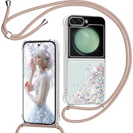JGD-Coque pour Samsung Galaxy Z Flip 5 avec Cordon, Paillette Liquide Étui pour Téléphone avec Lanière, Transparent Silicone Collier Réglable Protection Housse Portable Lanyard Case, Or Rose