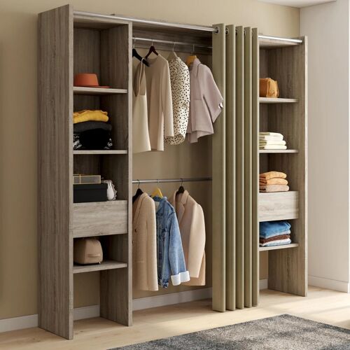 Dressing extensible double MERYL 120/180 x 50 x 180 cm hêtre avec étagères + double penderie + rideau taupe
