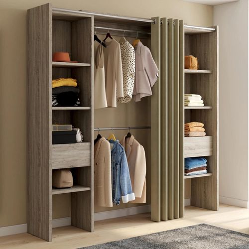 Dressing Extensible Double Meryl 120/180 X 50 X 180 Cm Hêtre Avec Étagères + Double Penderie + Rideau Taupe