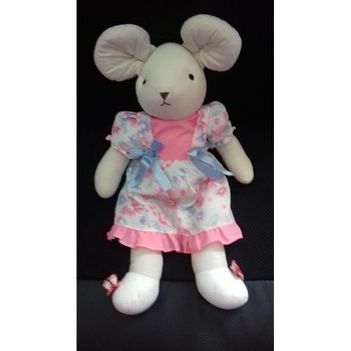 Nounours - Vintage Poupée Lapine Corps Tissus - Robe À Fleurs - 38cm