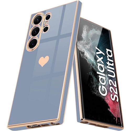Coque Pour Samsung Galaxy S22 Ultra - Bleu -Protection Antichoc En Silicone Tpu Avec Motif DAmour CUr Plaqué Et Doré - E.F.Connection