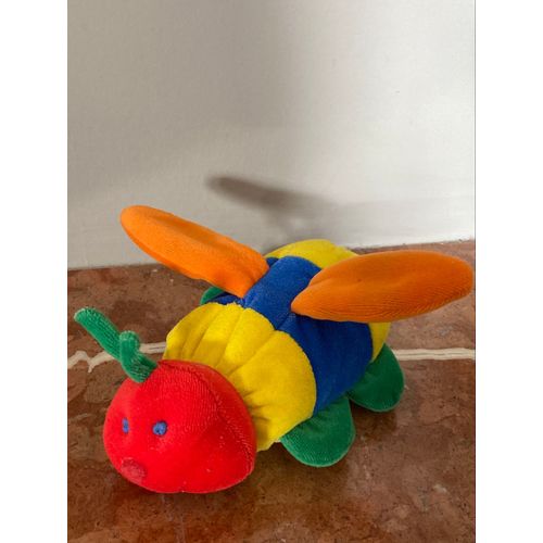 Doudou peluche insecte infantino vintage rouge jaune bleu et vert , ailes orange 16cm