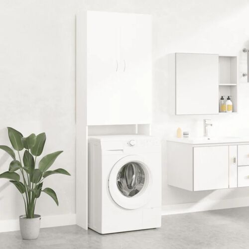 Armoire pour Lave-linge 64x25,5x190 cm Blanc bois contreplaqué 2 Portes 3 Compartiments Murale
