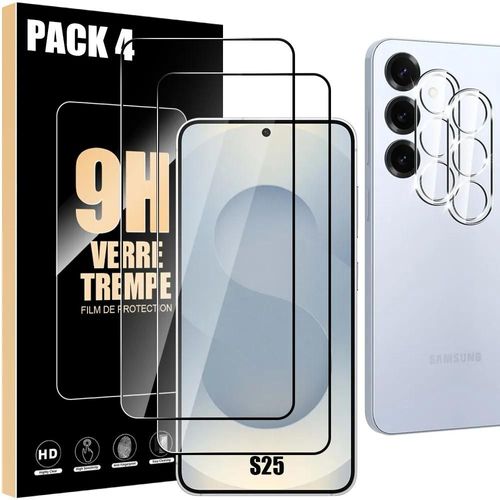 2 Verres Trempés Ecran et 2 Protections Caméra pour Samsung Galaxy S25 - Antichoc Anti-Rayures - E.F.Connection