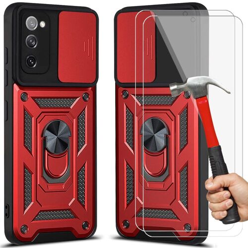 Pack 2 Verres Trempes et Coque Pour Samsung S20 FE (6.5'') Rouge Style Armee Anti-Rayure Anneau Arrière Antichoc Dure
