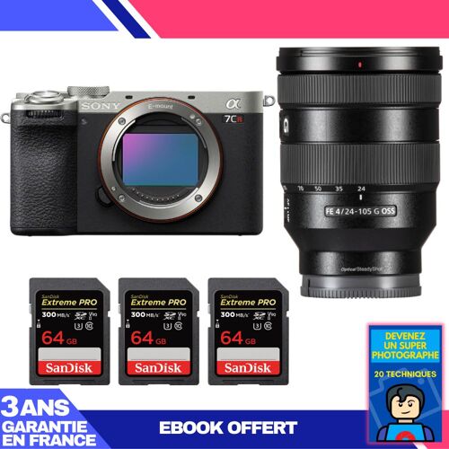 Boitier Sony A7CR Silver + FE 24-105mm f/4 G OSS + 3 SanDisk 64GB Extreme PRO UHS-II SDXC 300 MB/s + Ebook 'Devenez Un Super Photographe'