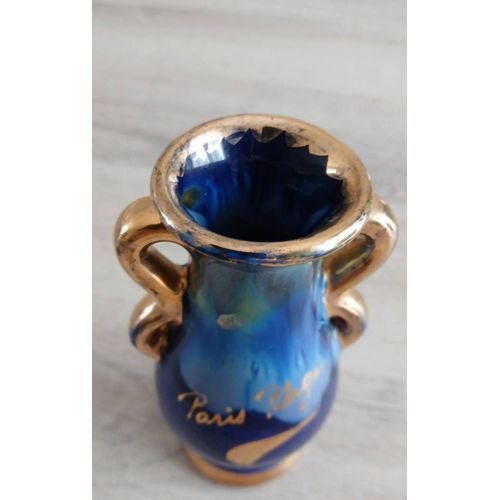 petit vase où amphore bleu et doré avec inscription Paris Plage en céramique Verigord