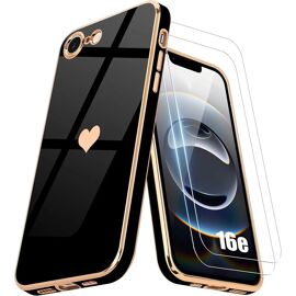 Coque + 2 Verres Trempés pour iPhone 16e, Protection avec Motif Coeur Silicone Souple Luxe Noir - E.F.Connection