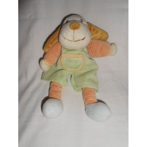Doudou Chien Kimbaloo La Halle Rayé Orange Vert Pâle Salopette Poche 27 Cm Sans Les Oreilles