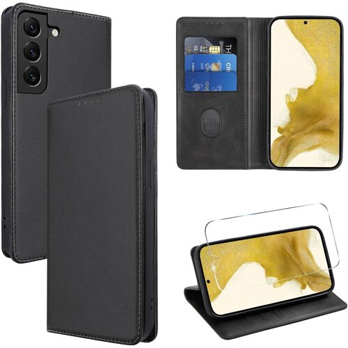 ELVORIX-Coque Cuir pour Samsung Galaxy S22 5G 6.1"" avec 1 Verre Trempé Etui à Rabat en PU Porte-Cartes Portefeuille Support Flip Housse Magnétique Antichoc Anti-Rayures Case pour Samsung S22 5G,Noir