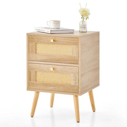 Costway Table De Chevet En Rotin, 2 Tiroirs Et 4 Pieds En Pin, Porte Cannage, Pour Salon, Chambre, Style Bohème, 40 X 40 X 59 Cm