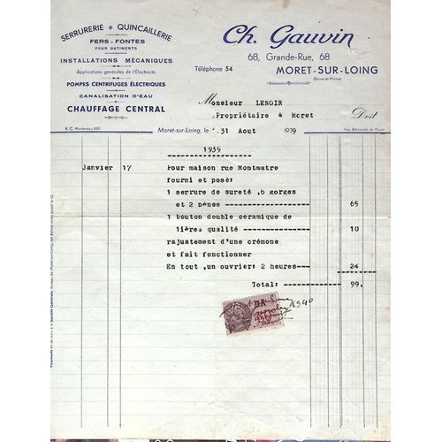 Facture Serrurerie - Quincaillerie - 1939 - Moret Sur Loing