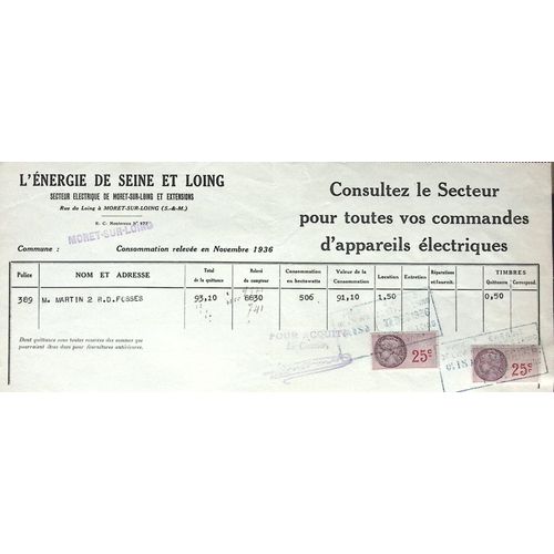 Facture Electricité Moret Sur Loing - 1936