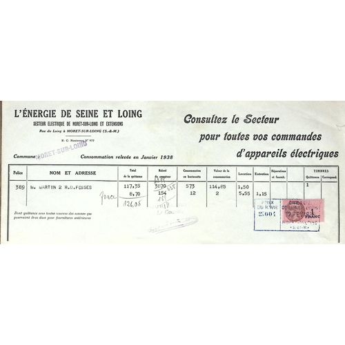 Facture Electricité Moret Sur Loing - 1938