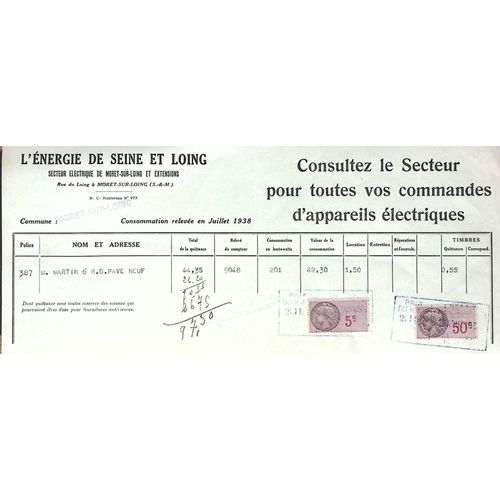 Facture Electricité Moret Sur Loing - 1938