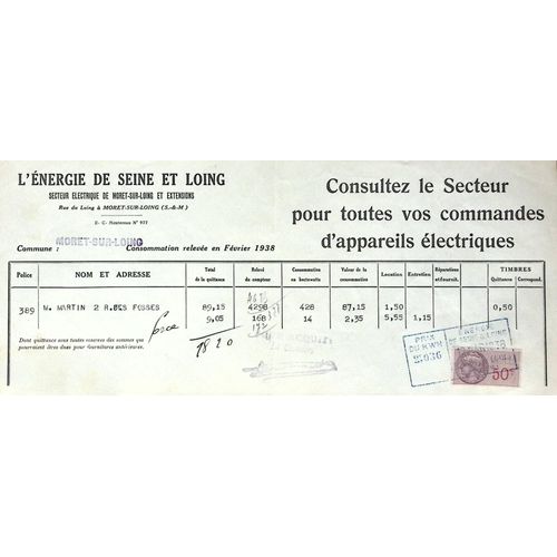 Facture Electricité Moret Sur Loing - 1938