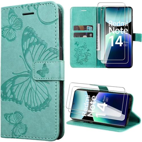 Coque + 2 Verres Trempés pour Xiaomi Redmi Note 14 Pro Plus 5G/Note 14 Pro+ 5G, Synthécuir Motif Papillon Vert - E.F.Connection