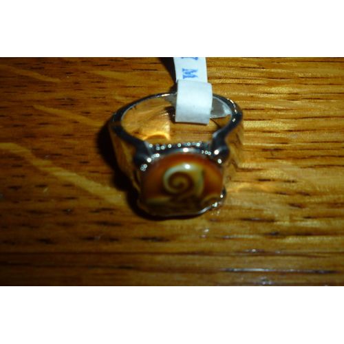 Bague Mixte Triskel ,Breton Celte - Acier Argenté, Émail Marron Caramel - Taille 19mm (55)