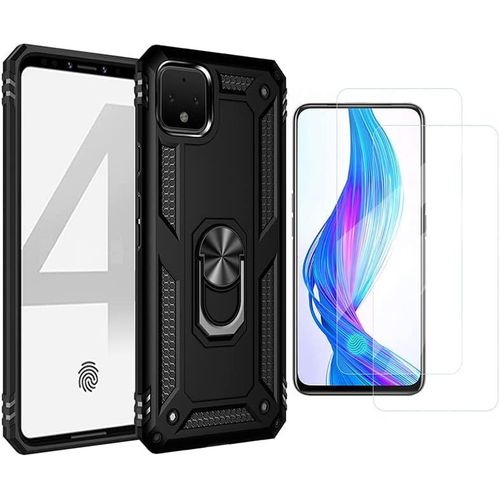 Coque De Protection Google Pixel 4 Avec 2 Verres Trempés, Support Rotatif 360°, Double Couche Tpu/Pc Antichoc Qualité Militaire, Découpe Précise - Noir
