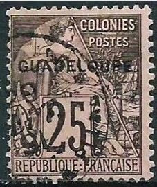 Guadeloupe, Colonie Française 1891, Beau Timbre Yvert 21, Type Alphée Dubois 25c. Noir Sur Rose Des Colonies Générales Surchargé "Guadeloupe", Oblitéré, Dentelure Passable, Petit Prix.