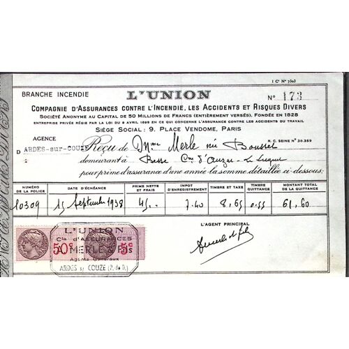 Reçu Avec Timbres Fiscaux 1938