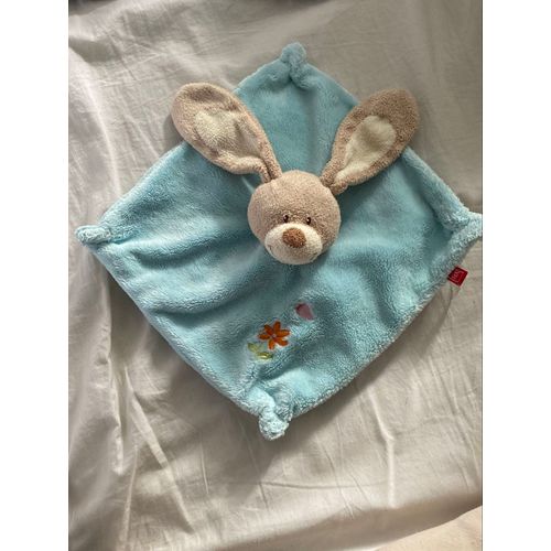 DOUDOU PLAT LAPIN TEX BABY BLEU FLEUR ORANGE CARRÉ 24 CM