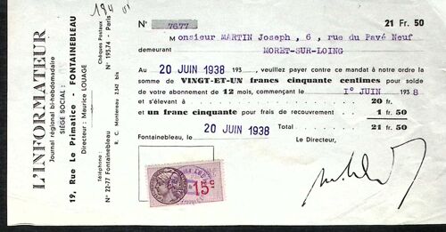Mandat 1938 - Timbre Fiscal