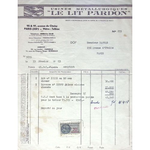 Facture De 1953 - Paris