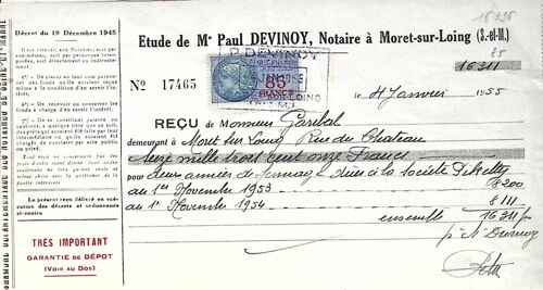 Reçu De 1955 - Timbre Fiscal 85 Frs