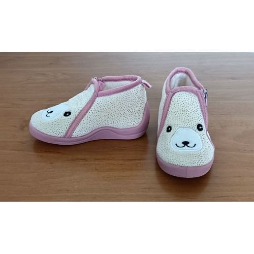 Chaussons Montants Rose Creme Et Paillettes Dorees. Tete D Ours. Kiabi. Pointure 22