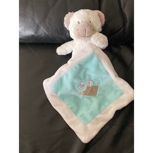 DOUDOU OURS BLANC AVEC DOUDOU MOUCHOIR BLEU NICOTOY 23CM