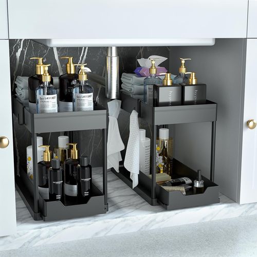 BLAZEFLUX-Organisateur sous evier 2 pieces pour salle de bain pratique tiroir coulissant 2 niveaux noir multifonction