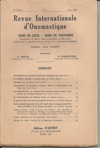 Revue Internationale D'onomastique - 17e Année - Mars 1965 N° 1