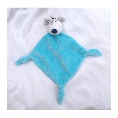 Doudou Peluche Plat Chien Losange Bleu Oreilles Et Cocard Gris Noeuds Carré Blanc