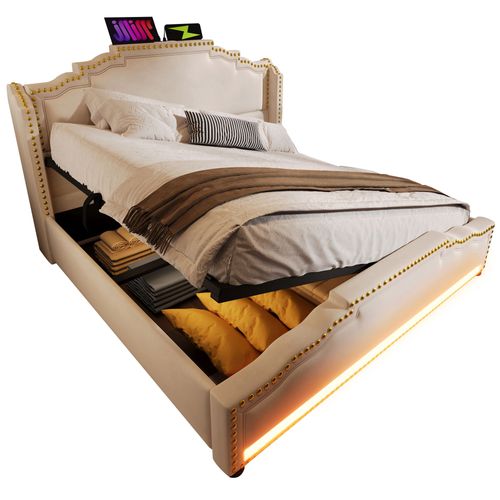 Lit Rembourré 160x200 Beige - Rangement Hydraulique, Led & Usb-C, Matelas Inclus