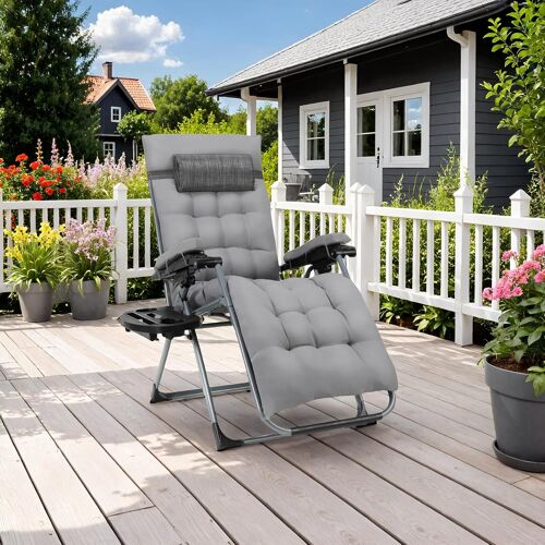 Chaise Longue De Jardin,Fauteuil D'Extérieur,Chaise Longue De Plage, Pliable,Capacité De Charge 160 Kg,Coussin D'Assise Amovible, Dossier Réglable, Coussin De Nuque Et Porte-Gobelet,Gris