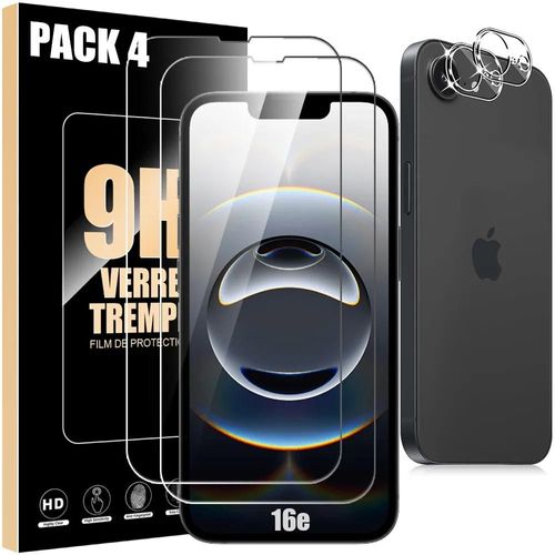 2 Verres Trempés Ecran Et 2 Protections Caméra Pour Iphone 16e - Antichoc Anti-Rayures 9h Transparent - E.F.Connection