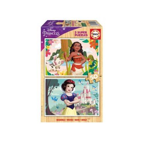 Boite 2 Puzzle Disney Princesses Vaiana et Blanche Neige 2 x 50 pieces - Puzzles bois Fille 5 ans, super qualite - Set puzzle classic + carte